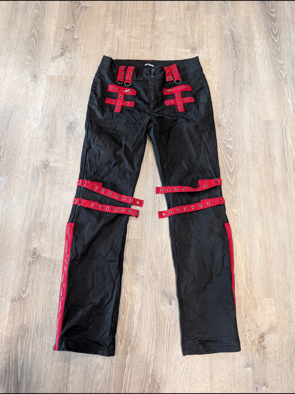 Vintage Hot Topic Black Red Bondage Pants Strap Zipper Mall Goth Punk Size 13/L